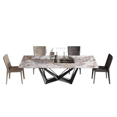 European Metal Home Furniture Set Modern Rectangle Marble Dining Table with Geniue Leather Chair Dining Room Furniture