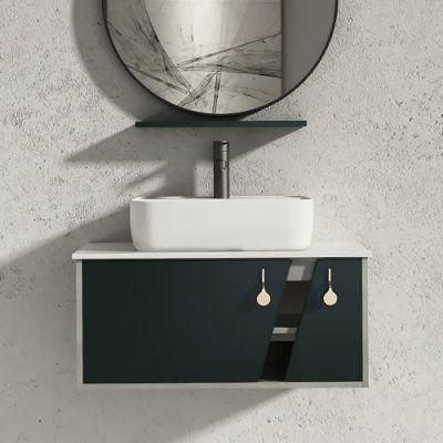 24&quot; Wall-Mount Green &amp; Gray Bathroom Vanity with Top Faux Marble Vessel Sink