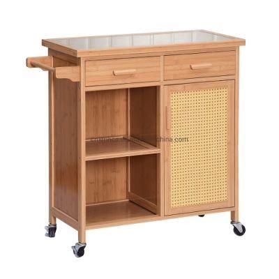 Modern Durable Home Furniture Bamboo Kitchen Trolley with Storage Cabinet &amp; Towel Rack Bar Serving Cart Kitchen Trolley Cart with Wheels