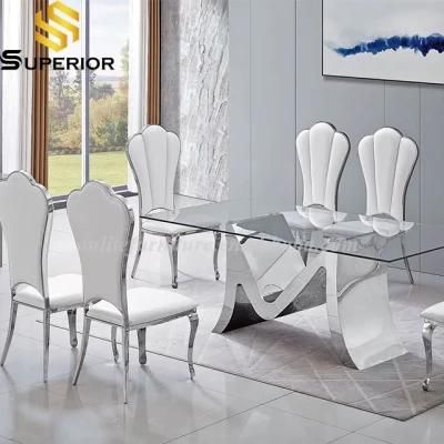 White PU Leather Cover Silver Dining Chair with Table Sets