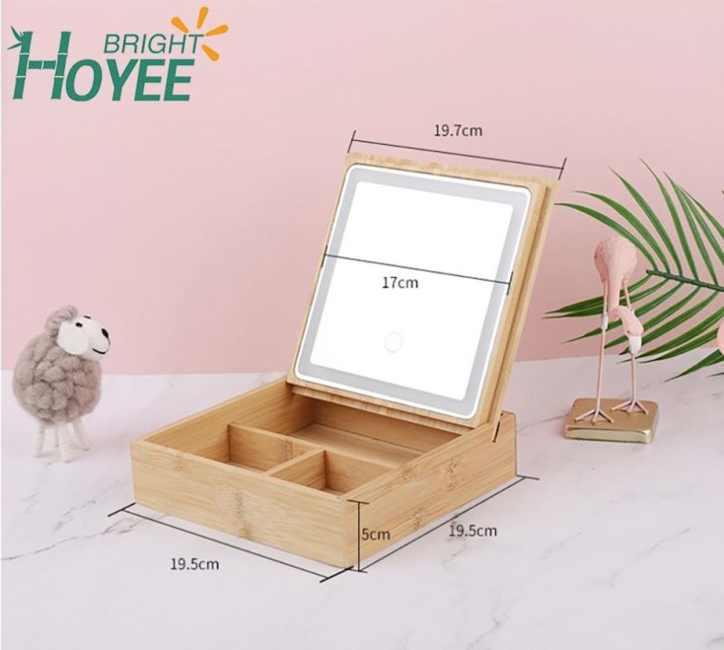 2 in 1 Bamboo Lighted Makeup Mirror with Lights and Storage Desk Mirror Touch Screen