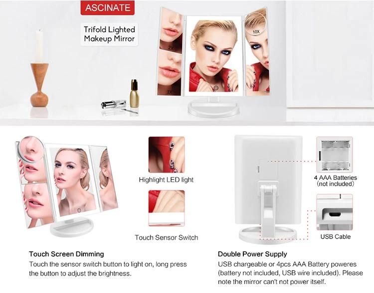 Hot Selling LED Products Trifold LED Makeup Mirror Touch Sensor Wholesale Lighted Makeup Mirror