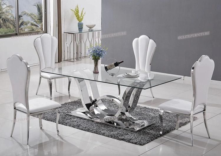 White PU Leather Cover Silver Dining Chair with Table Sets