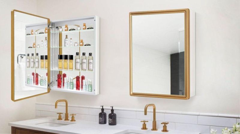 Bathroom Mirror Cabinet Gold Wood Framed Wall Aluminum Alloy Waterproof Medicine Cabinet Northern Europe Storage Hanging Cabinet with Single Door for Toilet Kit