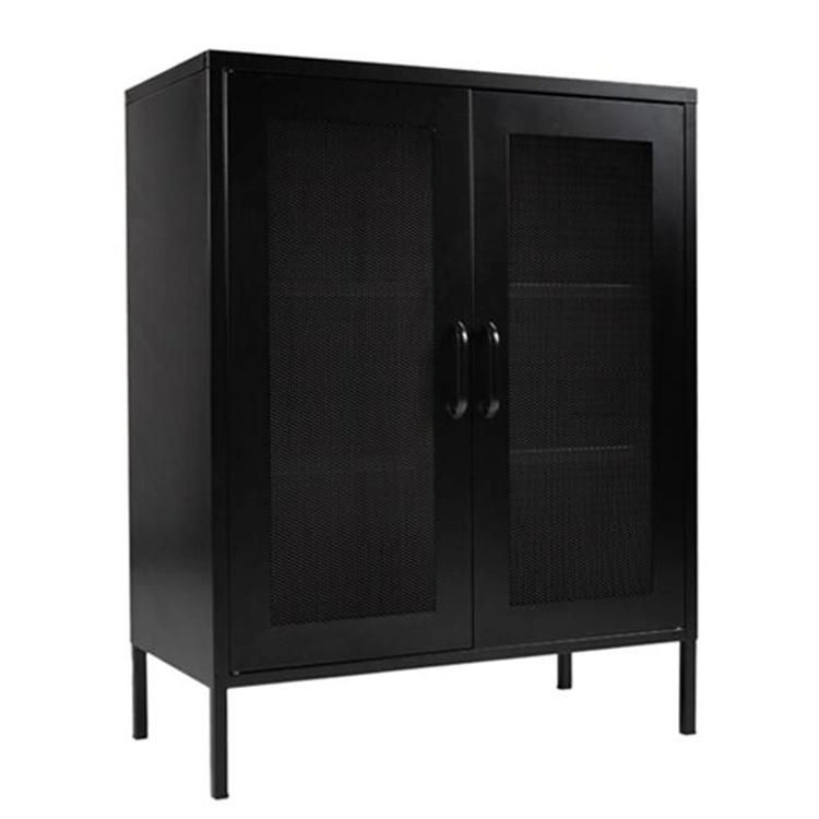 Luxury Modern Living Room Mesh 2-Door Accent Cabinet Metal Cabinet Black with Powder Coated