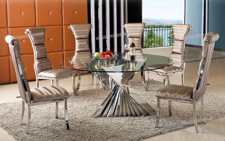 Glass Top Silver Frame Dining Table with 6 Chairs Sets