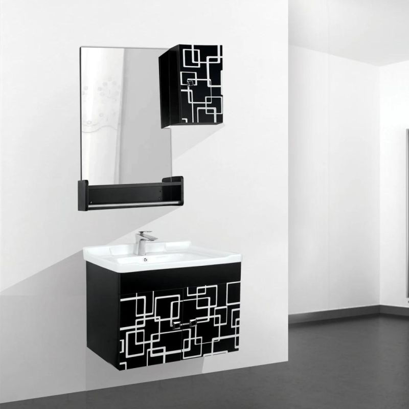 Black and White PVC Bathroom Cabinet with Mirror and Ceramic Sink