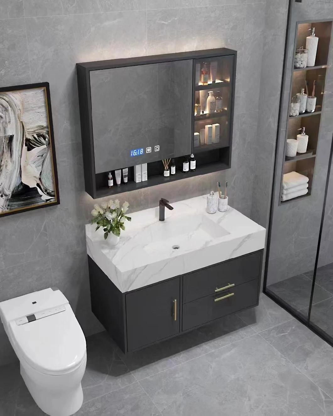 Modern Bathroom Vanity Cabinet with LED Mirror, Cultured Marble Top
