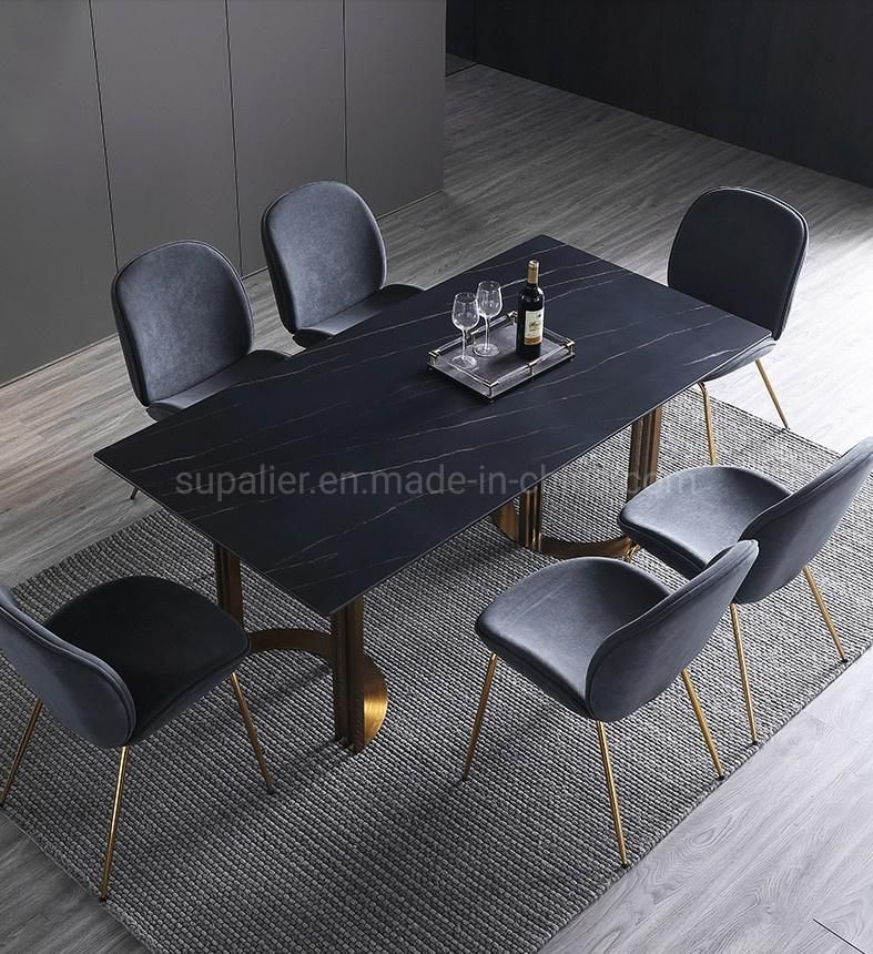 English Modern Black Slate Stone Dining Table with 6 Chairs