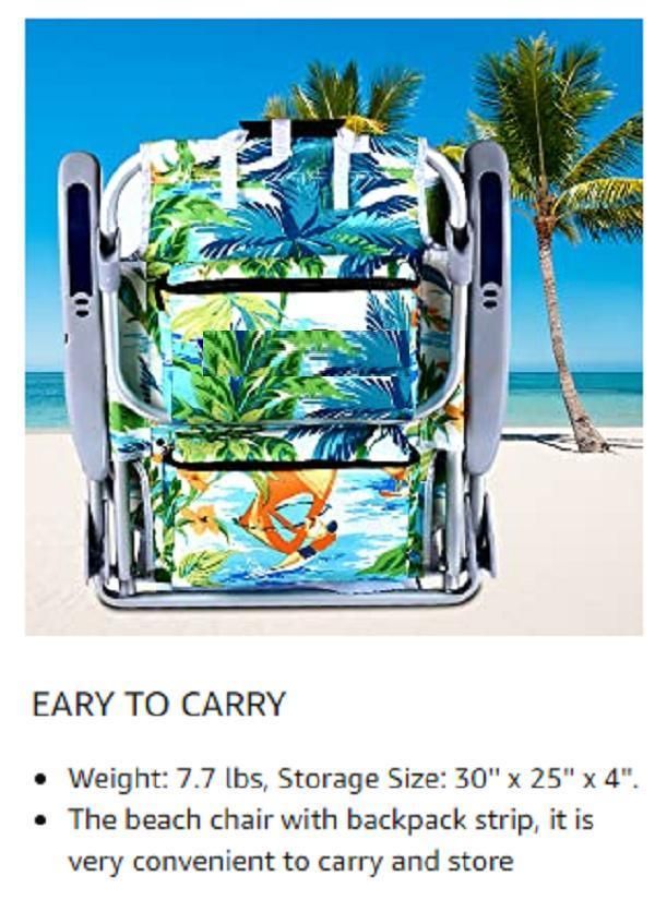 Folding Backpack Beach Chair, 5 Positions Beach Chair with Large Cool Bag and Cup Holder, Support up to 300 Lbs (2 PCS, Cyan)