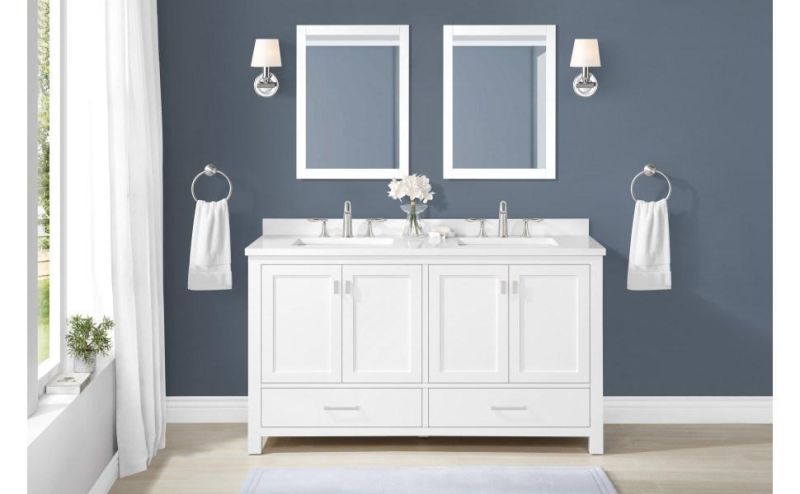 White Undermount Double Sink Bathroom Vanity with White Engineered Stone Top