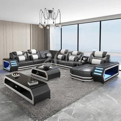 European Modern Home Furniture Sectional Couch Modular LED Genuine Leather Sofa