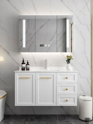 Modern Plywood with White Painting Wall Mounted Bathroom Vanity with LED Lighted Mirror