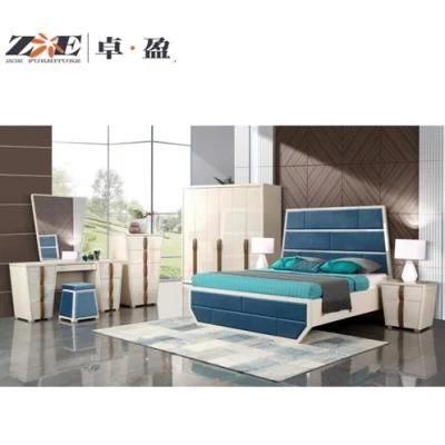 Modern Luxury Big Size Bed Bedroom Furniture Set with Blue Color Fabric