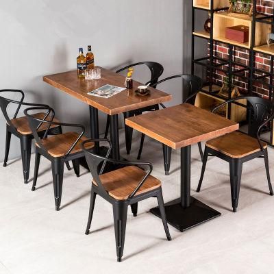 Modern Wood Cafe Restaurant Fast Food Bar Dining Furniture Industrial Style Iron Stackable Vintage Bistro Tables and Chairs Sets