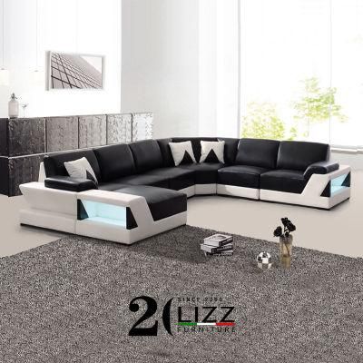 Modern Livig Room Furniture Sectional U Shape Leather LED Contemporary Sofa