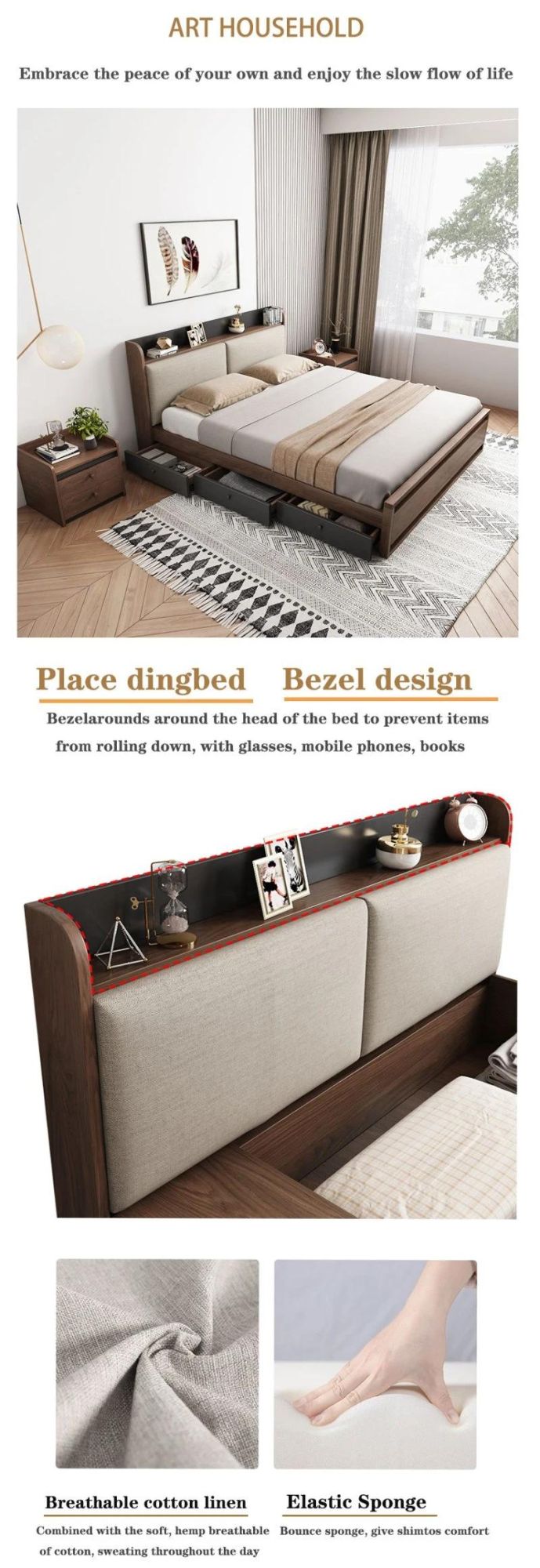 Hot Sale Durable Modern Wooden Hotel Home Bedroom Furniture Sofa Double King Bed