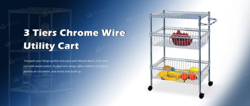 Kitchen 3 Tiers Chrome Wire Trolley Service Cart with Wire Basket Storage Shelf