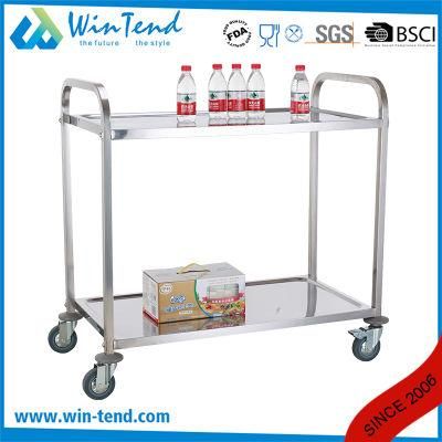Four Wheel Big Size Movable Stainless Steel Square Tube Two Tier Tray Service Trolley Cart for Kitchen