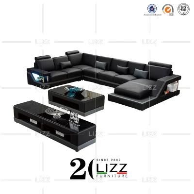 Multifunctional LED Modern Home Office Furniture Leisure U Shape Black Geniue Leather Sofa