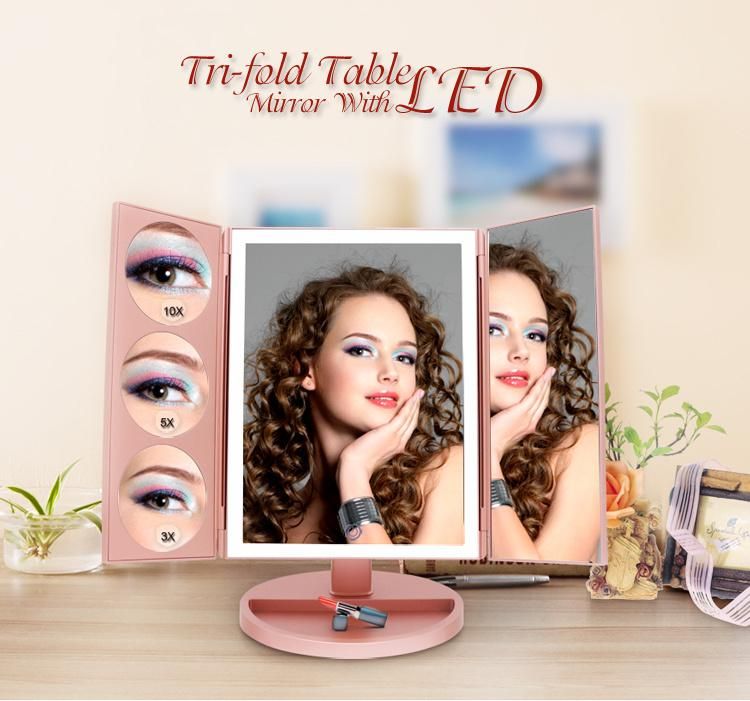 Fashion Gift Touch Switch Trifold Makeup Magnifying Mirror