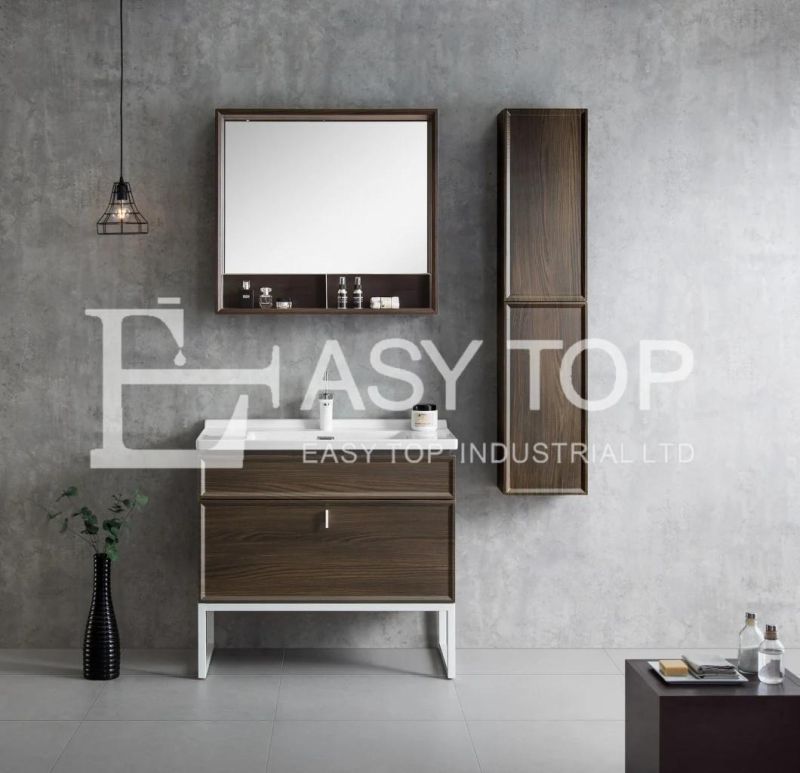 in Stock UK Cabinets Customized Luxury Sweden Walnut Black Floor Mounted One Sink Modern Bathroom Cabinet