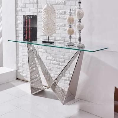 Modern Clear Glass Living Room Console Table with Stainless Steel
