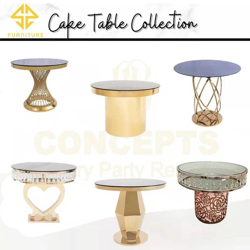 New Model Crystal Mirror Glass Top Gold Stainless Steel Cake Table Wedding