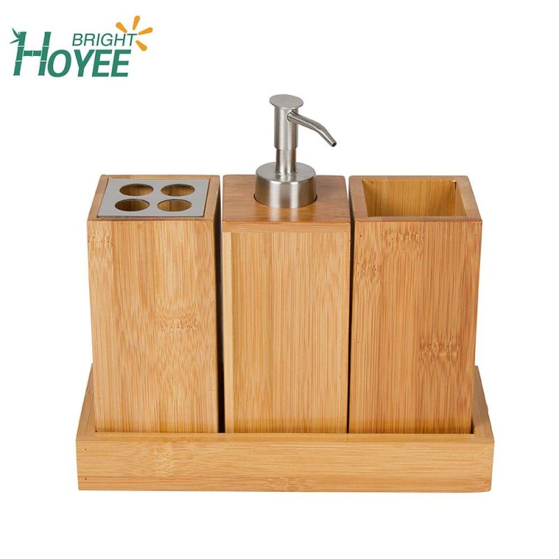 Bamboo Soap Dispenser Set Includes Pump Soap Dispenser, Toothbrush Holder