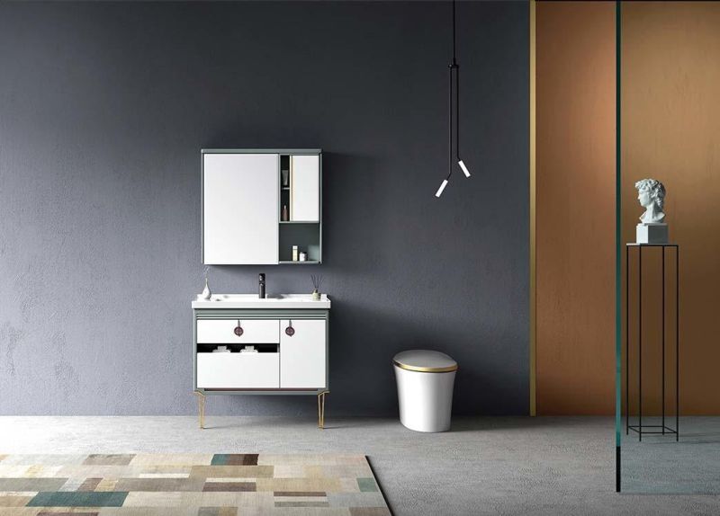 Modern White Wood Grain PVC Coated Bathroom Furniture Cabinet