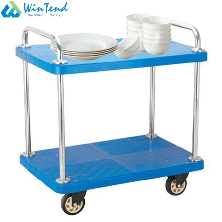 2 Tiers Hotel Stainless Steel Handle Plastic Trolley Cart with Wheels