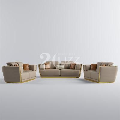 Gold Metal Decor Modern European Style Wood Frame Sofa Furniture Luxury Real Leather Couch Sofa Set