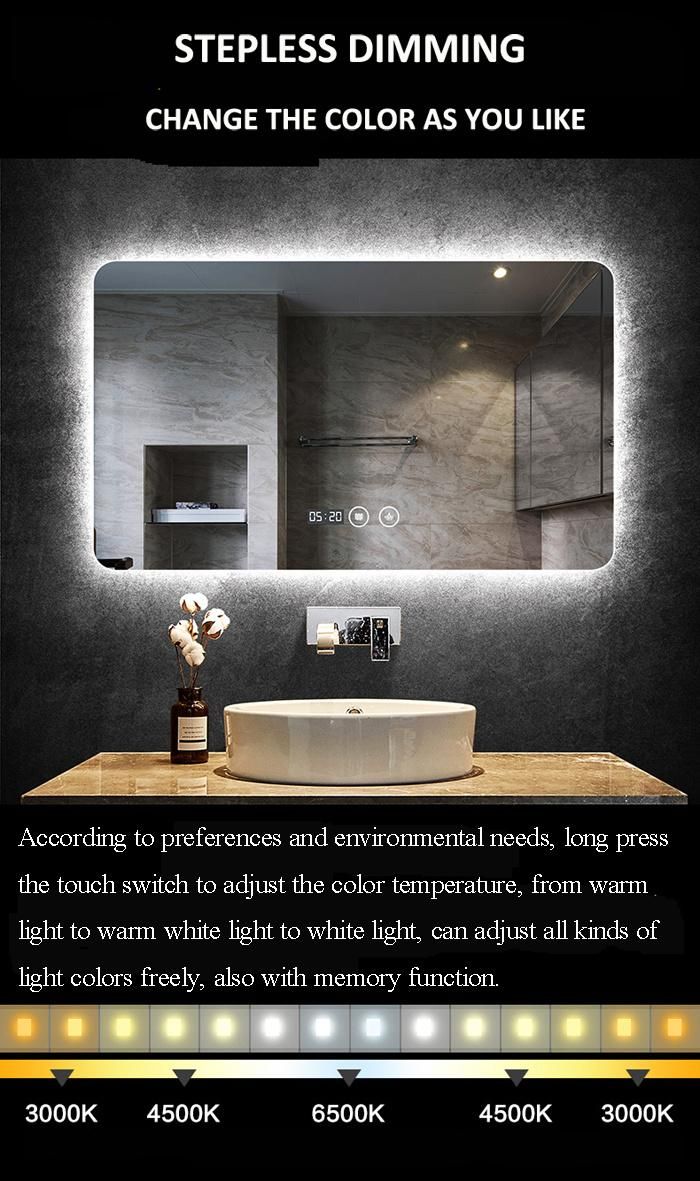 2700K 4000K 6000K Color Temperature Wall Mounted Rectangle Hotel LED Bathroom Mirror with Defogger