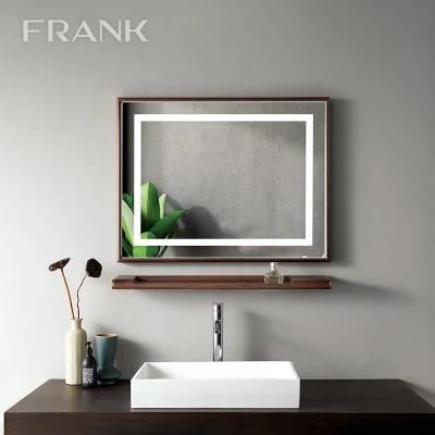 Wood Framed Rectangle Bathroom Mirror with LED Light and Shelf