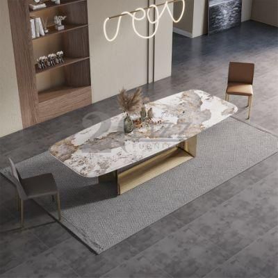Top 1 Best Selling Modern Home Furniture Rectangle Sintered Stone Dining Table with Golden Chrome Legs