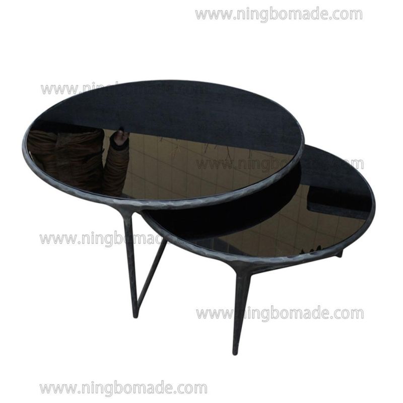 Thaddeus Sculptural Forged Collection Black Tempered Glass Top Antique Solid Forged Metal Base Nest Table