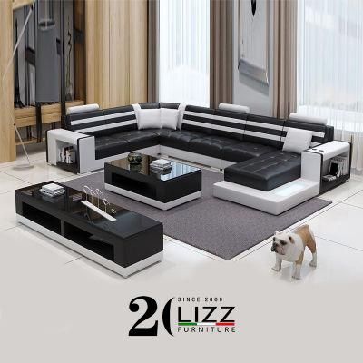 China Manufacturer Modern Functional U Shape LED Upholstery Home Sofa Set Leather Sitting Living Room Furniture