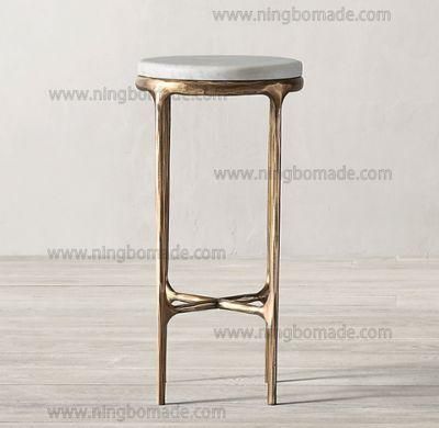 Rustic Hand Hammered Collection Furniture Forged Solid Iron Metal with Brass Color Thick White Cloud Marble High Round Side Table