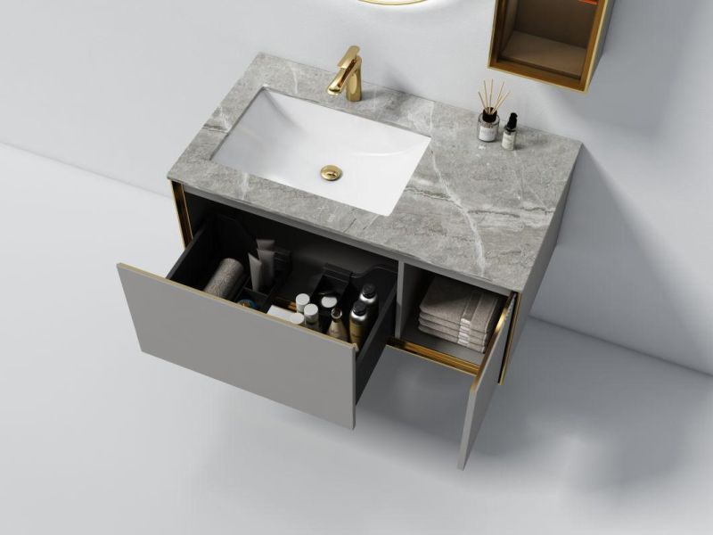 China Factory Bathroom Cabinet Hotel Style Light Luxury Melamine Bathroom Furniture Vanity with Round Mirror and Side Cabinet