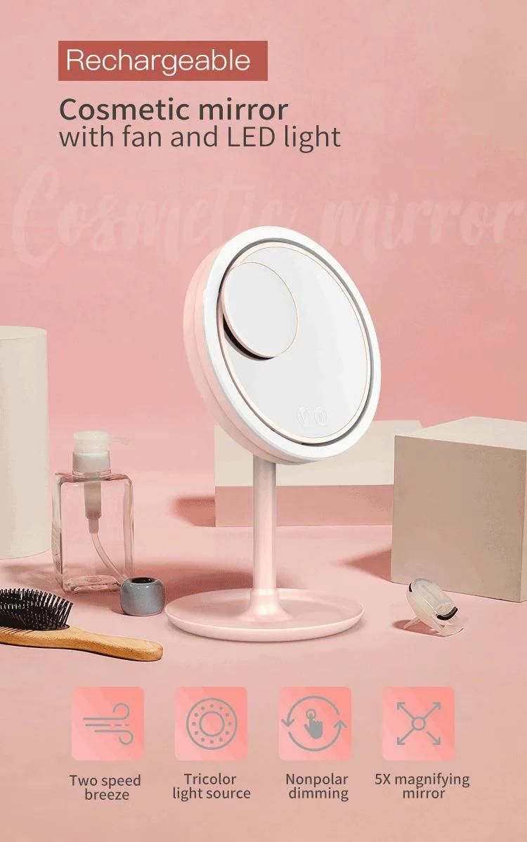 Pritech Wholesale Vanity Mirror 180 Degree Adjustment LED Light Desktop Cosmetic Makeup Mirror with Fan