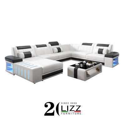 U Shaped Function Living Room Home Furniture Genuine Leather Sectional Sofa with LED Sofa Set
