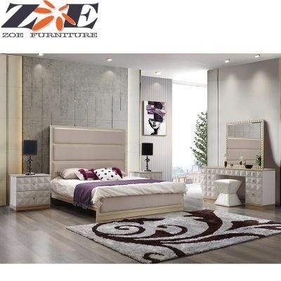 Foshan Latest MDF and Solid Wood Gloden Bedroom Double Bed with Big Headboard