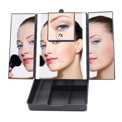 Dimmable Square Tabletop 7X LED Vanity Mirror with Organizers for Makeup