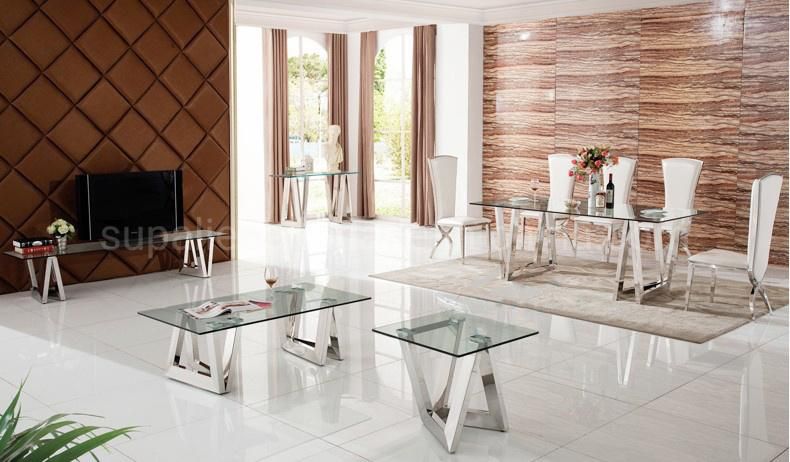 Modern Stainless Steel Frame Glass Dining Table Set with Chairs
