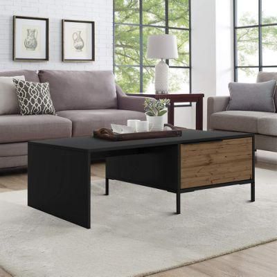 Metal Rectangular Accent Coffee Table with Drawers, Brown and Black