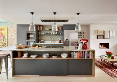 Flipping House Anti-Scratch Open Shelf Light Black Refrigerator Cupboard Modern Kitchen Cabinet with Stainless Steel Island