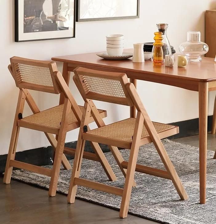 Nordic Furniture Wooden Rattan Folding Dining Chair Natural Rattan Seat