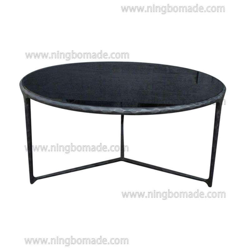 Thaddeus Sculptural Forged Collection Black Tempered Glass Top Antique Solid Forged Metal Base Nest Table