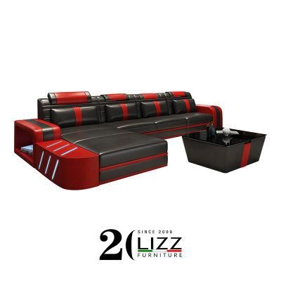 Living Room Furniture Italian Genuine Leather Sectional Sofa with Coffee Table and TV Stand