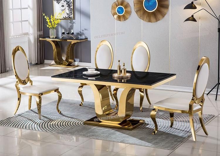 White Marble Dining Table Chairs Sets with Golden Steel Frame